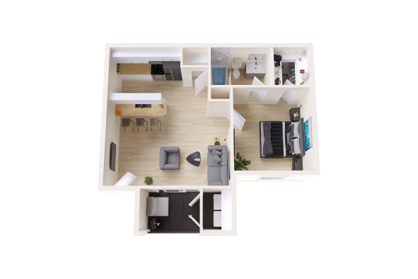 a 3d rendering of a two bedroom apartment at The Sonoma Apartments