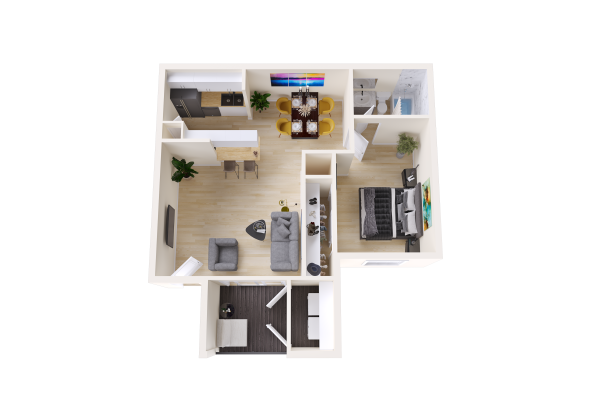 a 3d rendering of a two bedroom apartment at The Sonoma Apartments