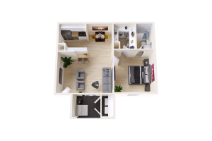 a 3d rendering of a two bedroom apartment at The Sonoma Apartments