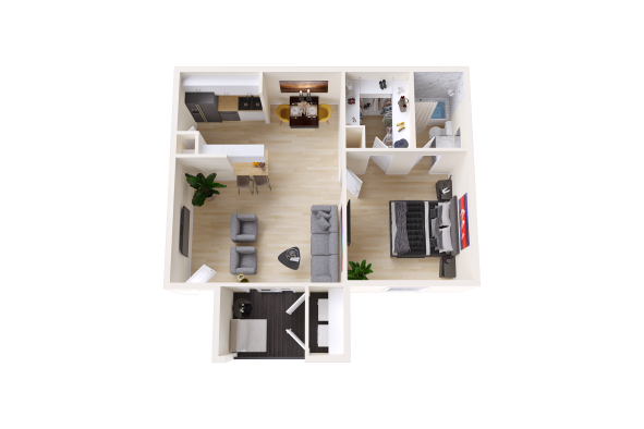 a 3d rendering of a two bedroom apartment at The Sonoma Apartments