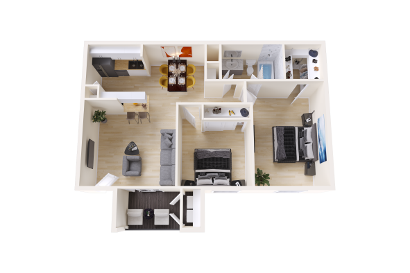 a 3d rendering of a two bedroom apartment at The Sonoma Apartments