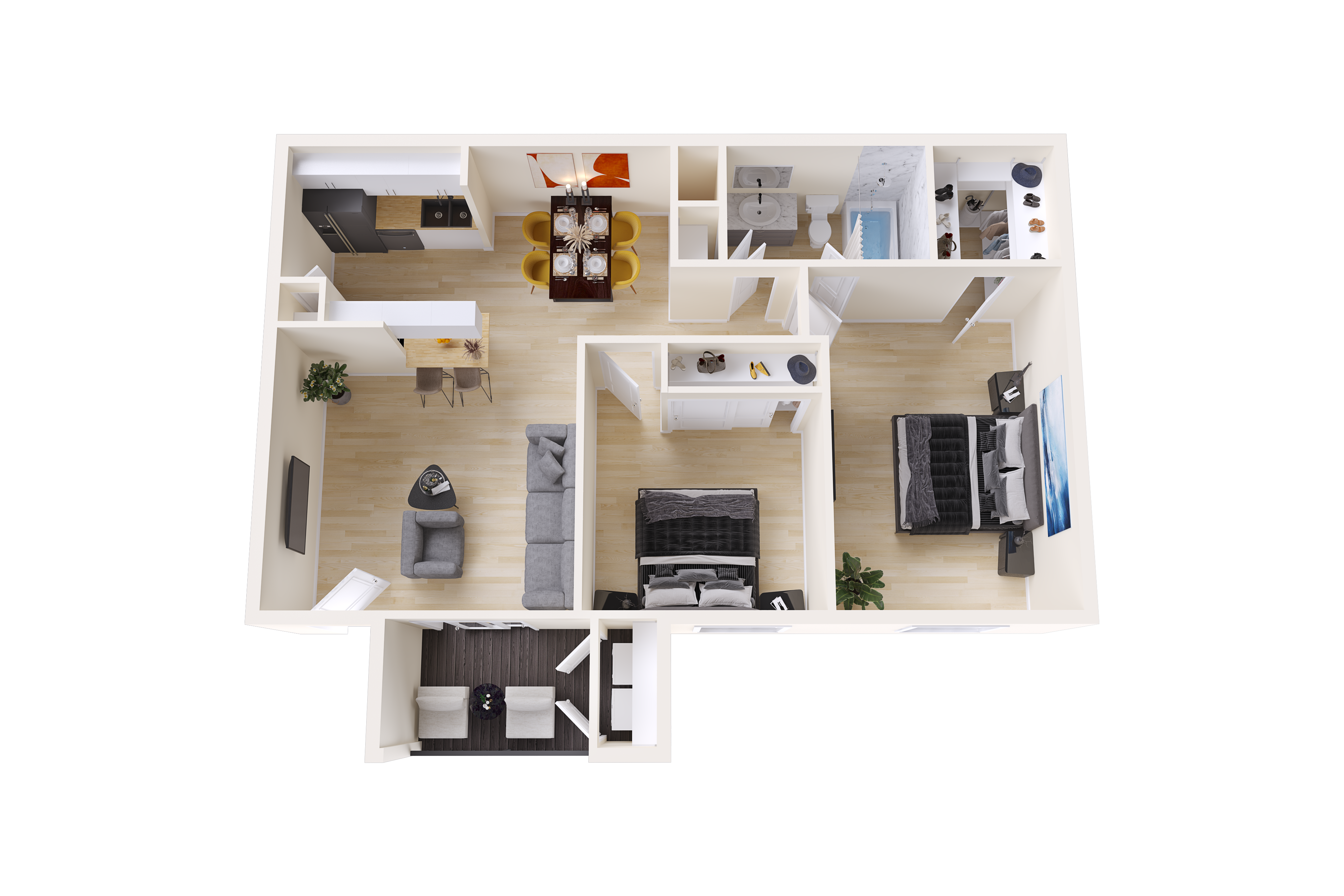 2 Bed | 1 Bath – B1R - 3D Plan