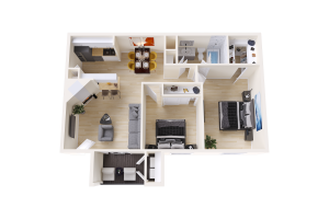a 3d rendering of a two bedroom apartment at The Sonoma Apartments