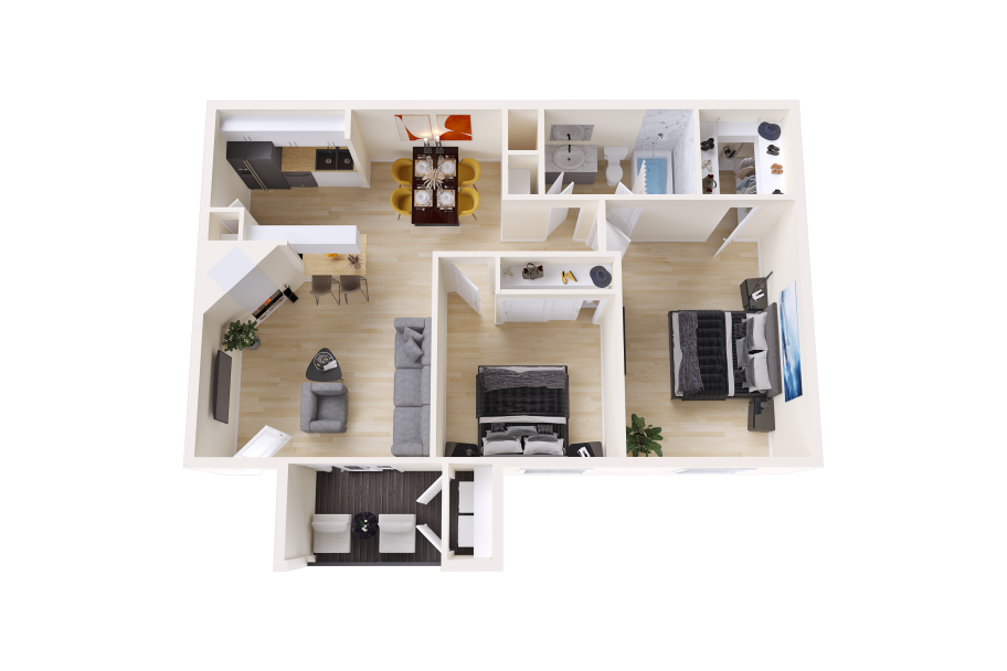 a 3d rendering of a two bedroom apartment at The Sonoma Apartments