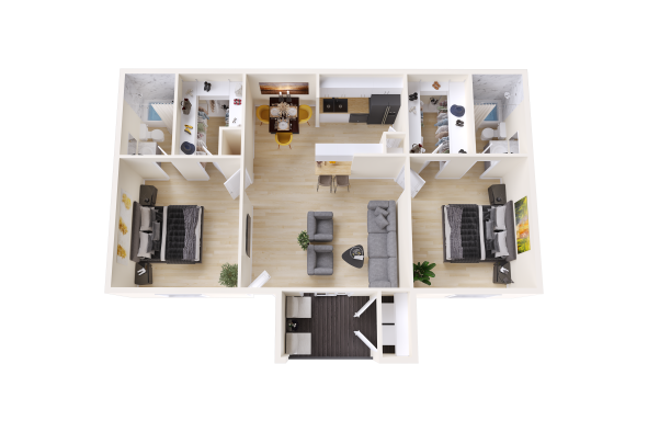 a 3d rendering of a two bedroom apartment at The Sonoma Apartments