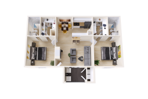a 3d rendering of a two bedroom apartment at The Sonoma Apartments