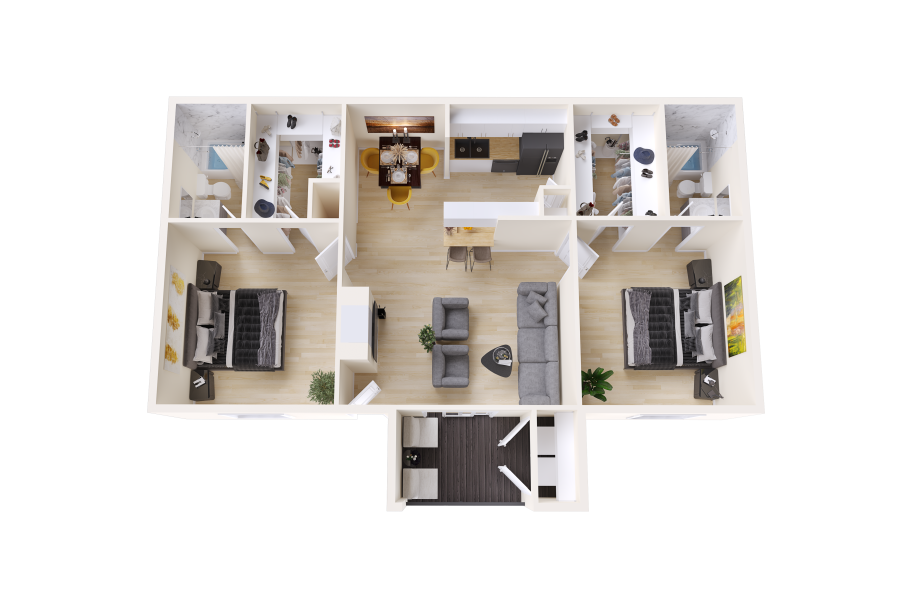 a 3d rendering of a two bedroom apartment at The Sonoma Apartments